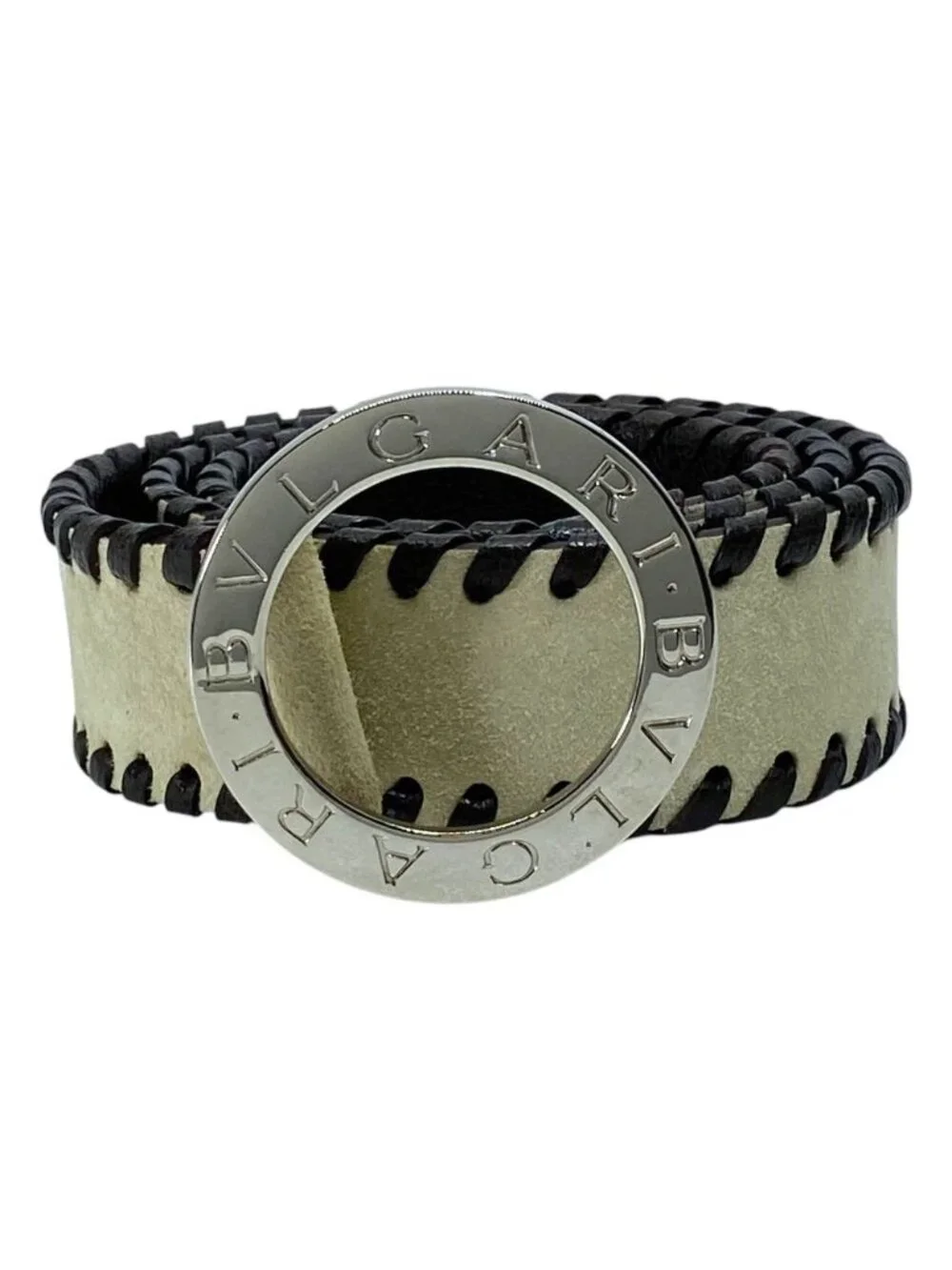 Bvlgari B-zero One Belt Circle Logo Buckle Braided Leather Suede Beige Brown